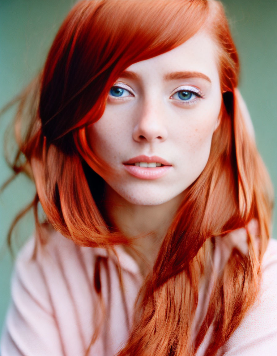 Vibrant red-haired woman in pink top on green backdrop