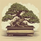 Detailed Illustration of Bonsai Tree with Birds and Watering Can