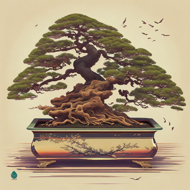 Detailed Illustration of Bonsai Tree with Birds and Watering Can