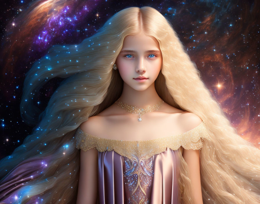 Fantasy digital art: Young woman with blonde hair in pastel dress against cosmic backdrop