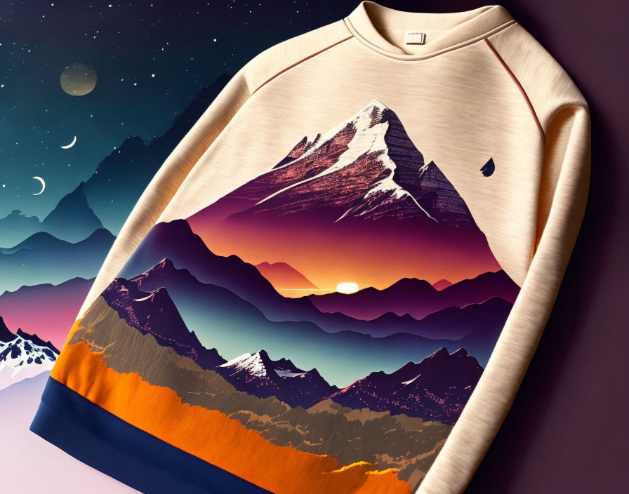 Mountain sunset graphic sweatshirt with cosmic backdrop.