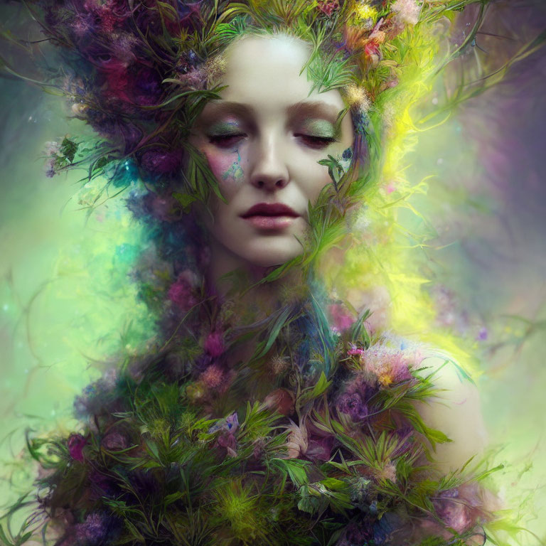 Ethereal portrait of a woman with colorful flowers and foliage