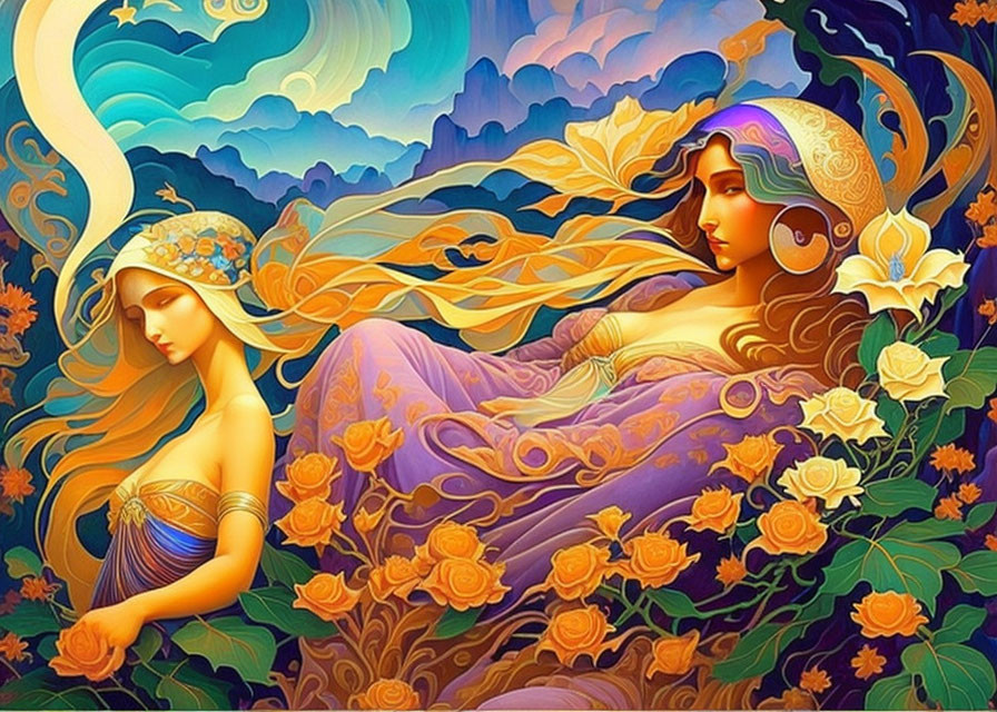 Vibrant artwork: Woman amidst swirling patterns, orange roses, and blue landscape.