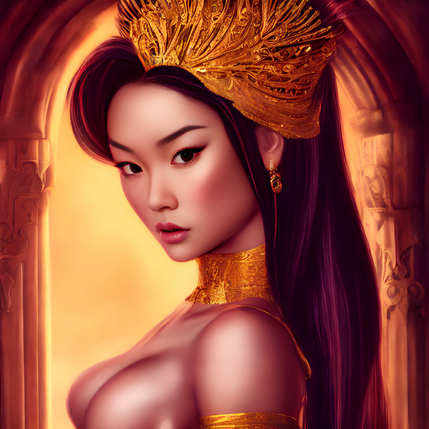 Regal woman with long purple hair and golden crown in elegant attire on orange backdrop