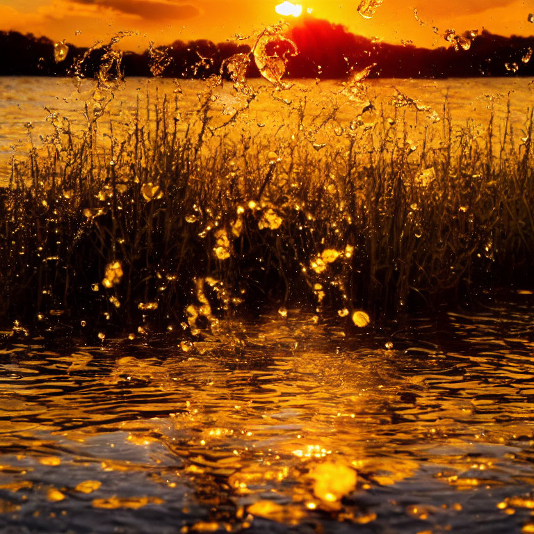 Golden Light Sunset Reflecting on Water with Silhouetted Reeds