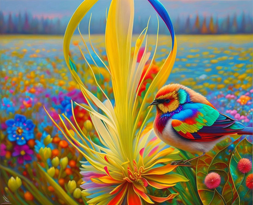 Colorful Rainbow Plumage Bird Perched on Yellow Plant in Vibrant Floral Landscape