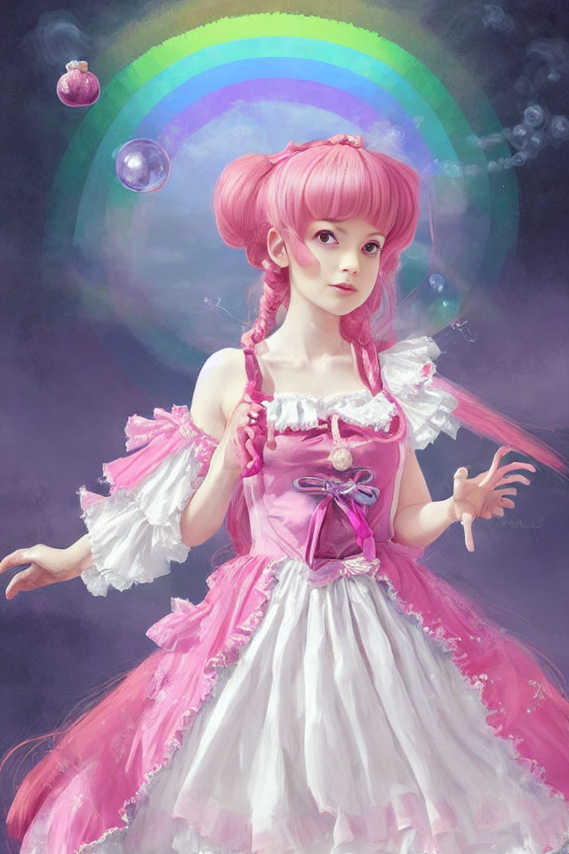 Colorful artwork featuring girl with pink hair and frilly dress in front of rainbow and bubbles