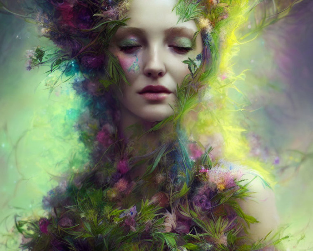 Ethereal portrait of a woman with colorful flowers and foliage