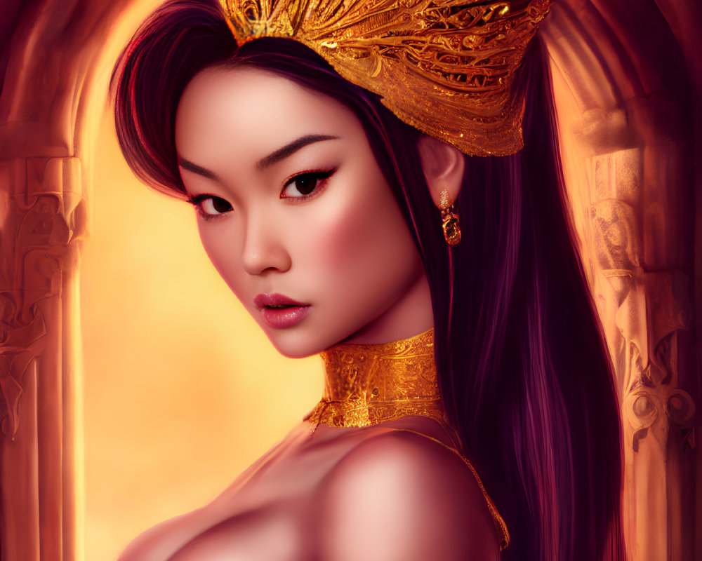 Regal woman with long purple hair and golden crown in elegant attire on orange backdrop