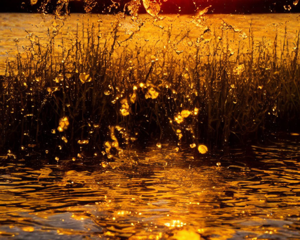 Golden Light Sunset Reflecting on Water with Silhouetted Reeds