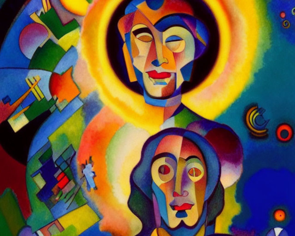 Colorful abstract painting: two overlapping faces with halo on geometric background