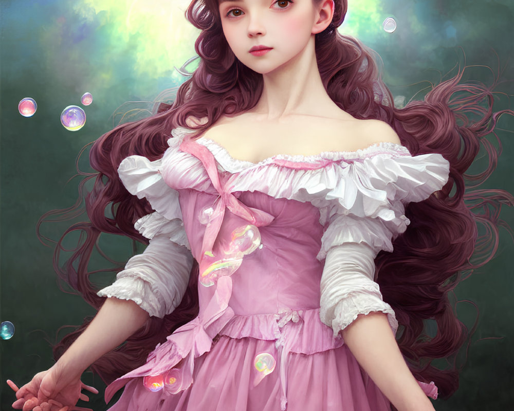 Digital painting of woman with long wavy hair in pink and white dress amid floating bubbles on green backdrop