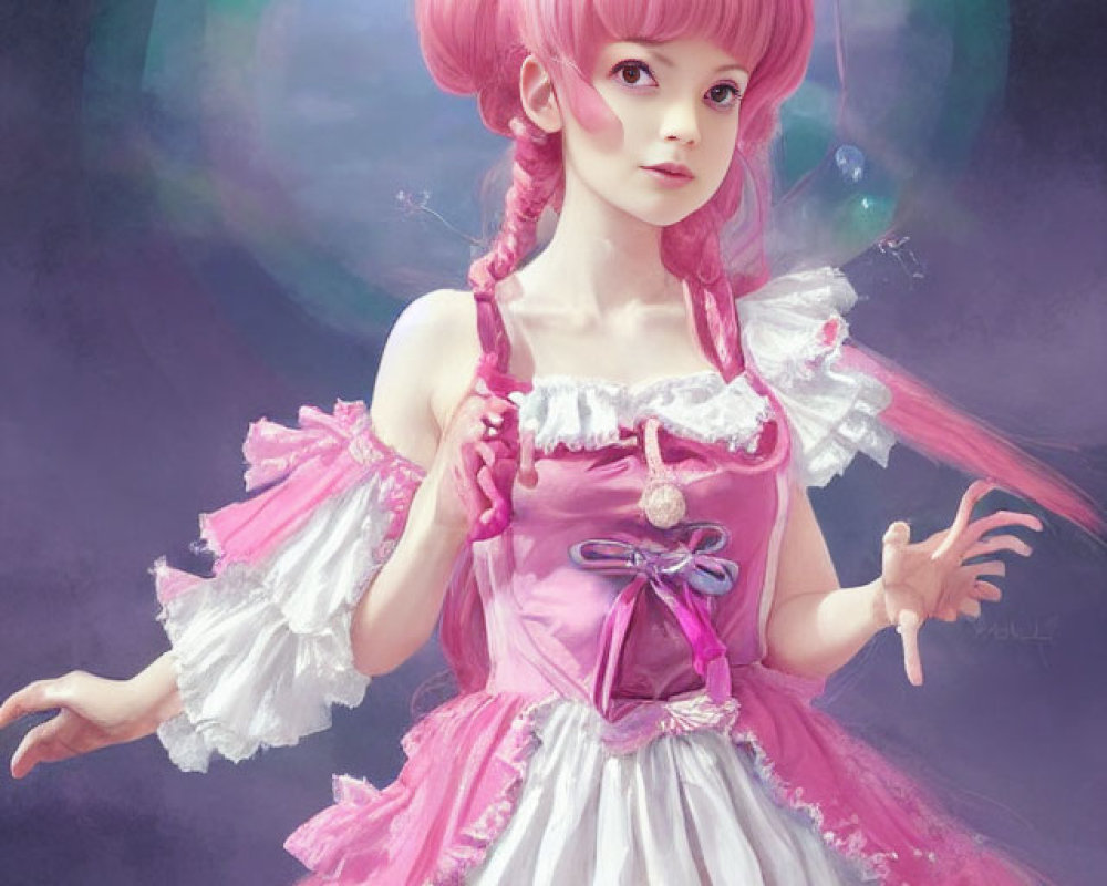 Colorful artwork featuring girl with pink hair and frilly dress in front of rainbow and bubbles