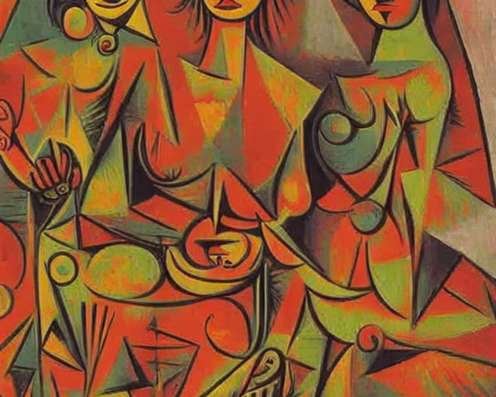 Vibrant cubist abstract painting with geometric figures