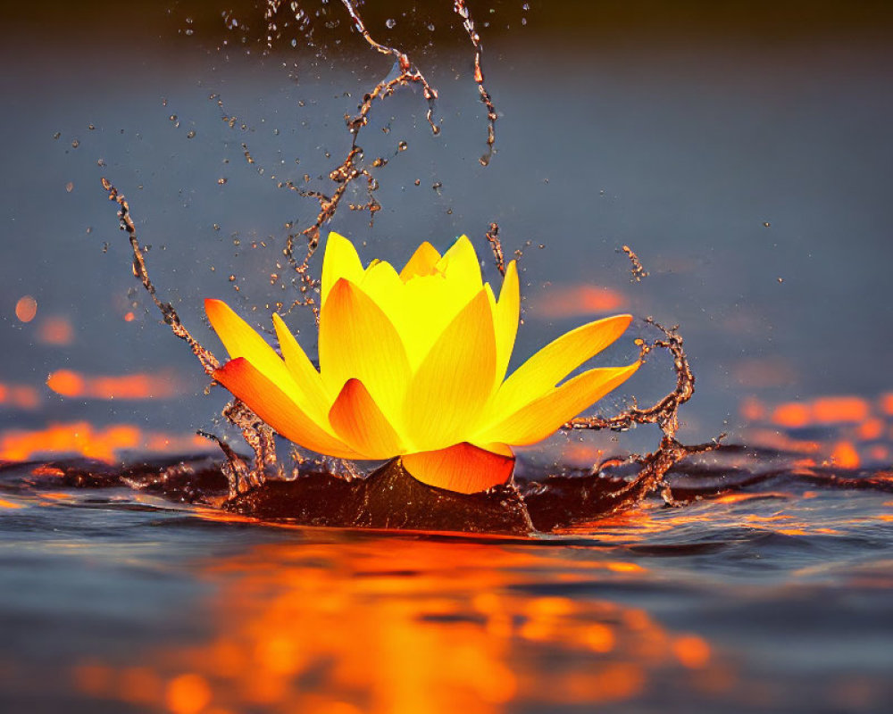 Vibrant yellow lotus flower blooming on water with dynamic splashes and sunset reflection