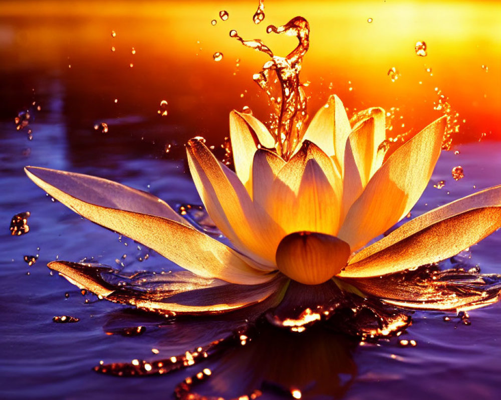 Tranquil water lily with frozen water droplets on vivid sunset backdrop