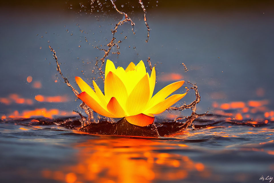 Vibrant yellow lotus flower blooming on water with dynamic splashes and sunset reflection