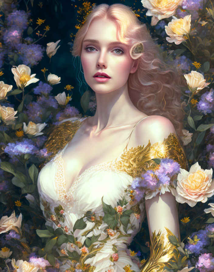 Portrait of woman with fair skin and blonde hair among white and yellow flowers in golden dress