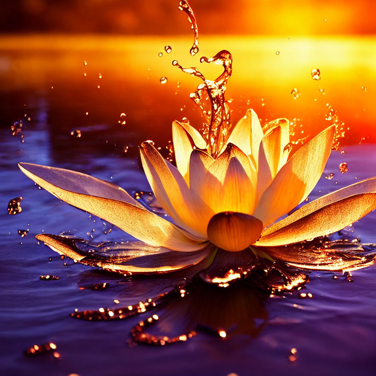 Tranquil water lily with frozen water droplets on vivid sunset backdrop