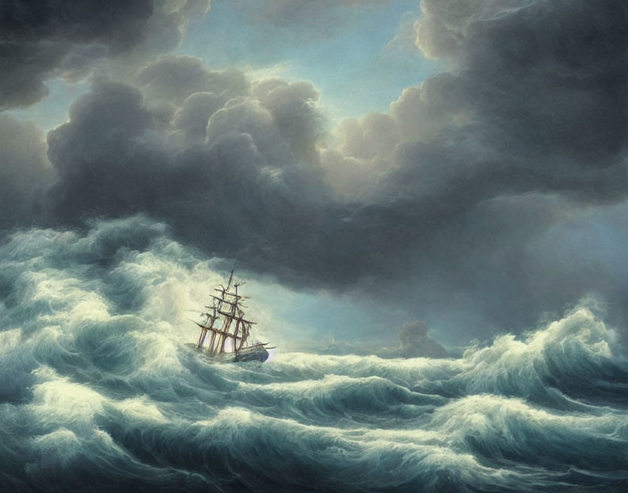 Sailing ship in turbulent seas under stormy sky.