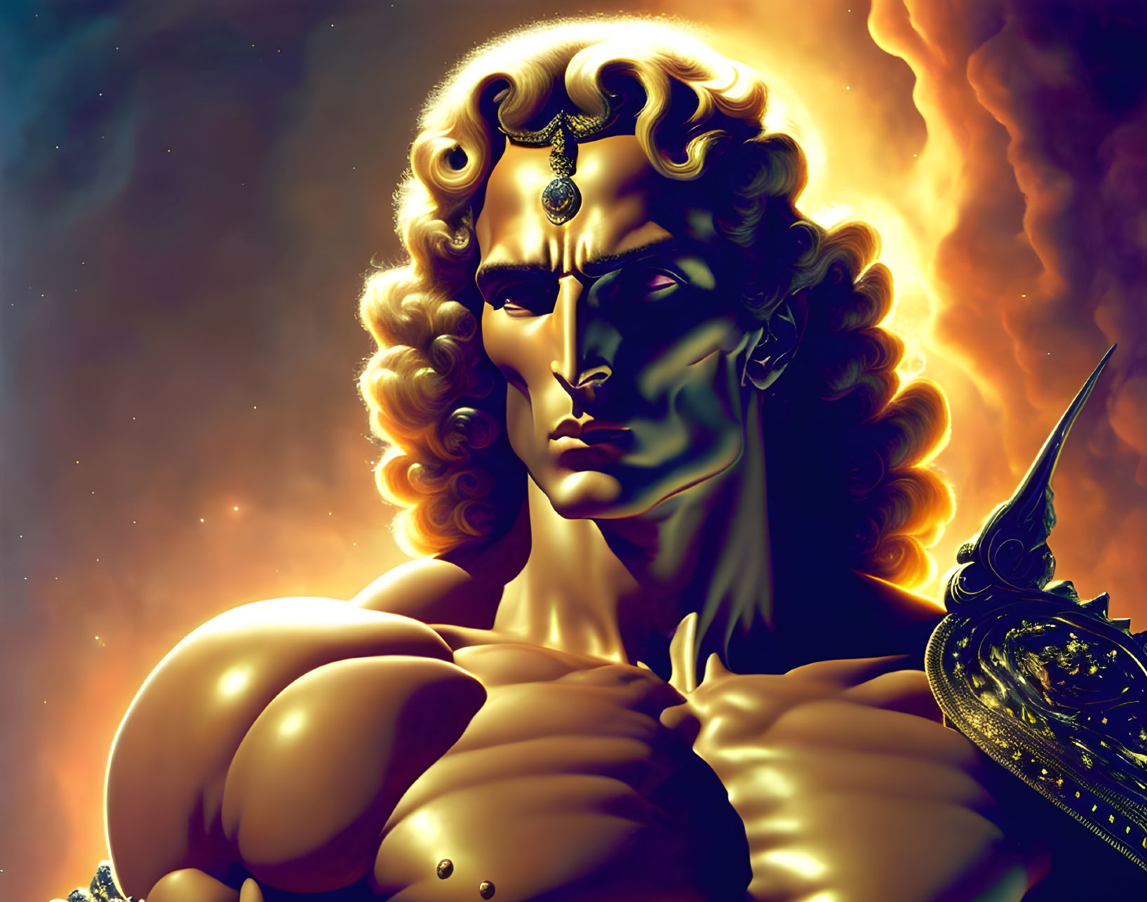 Muscular golden-skinned male in ornate armor against fiery cosmic backdrop