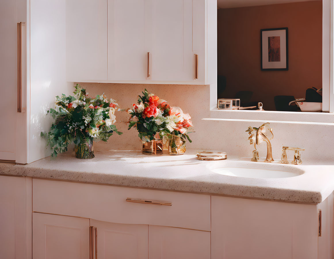 Neat Bathroom Counter with Floral Arrangements and Gold Fixtures