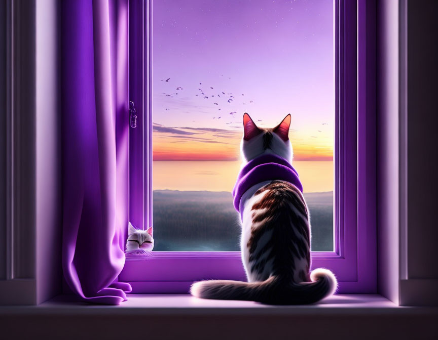 Cat on windowsill gazes at twilight sky with purple and pink gradient, birds flying.