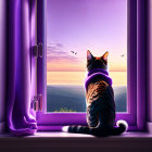 Cat on windowsill gazes at twilight sky with purple and pink gradient, birds flying.