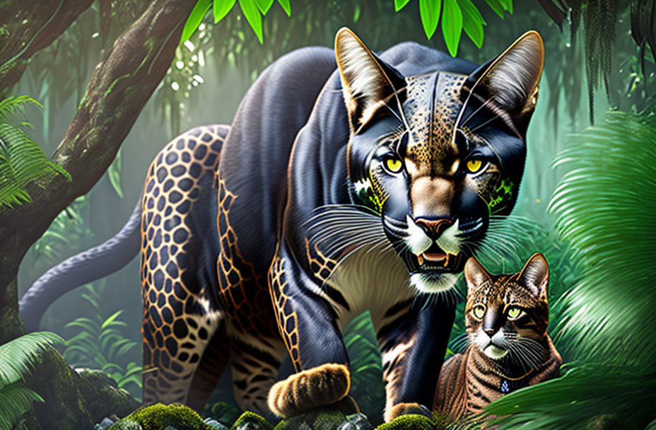 Fantastical feline creature with leopard spots in jungle scene