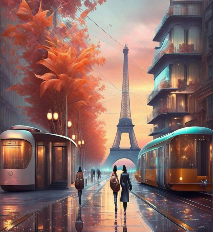 Person walking on wet street near futuristic trams and Eiffel Tower at sunset.