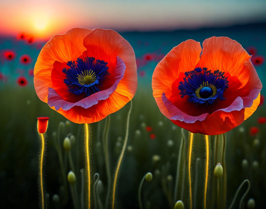 Vibrant red poppies with dark blue centers in a sunset field