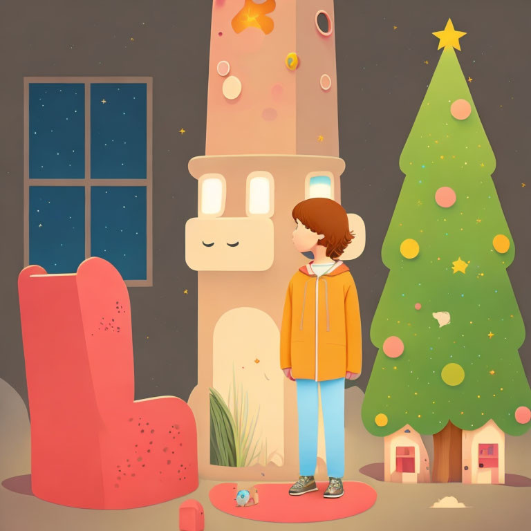 Whimsical rocket-shaped building illustration with person and Christmas tree