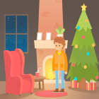 Whimsical rocket-shaped building illustration with person and Christmas tree