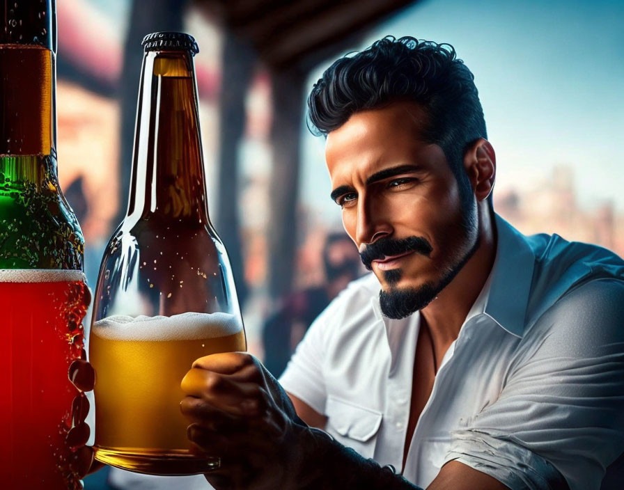 Man with Beard Holding Beer Bottle in Cityscape Illustration