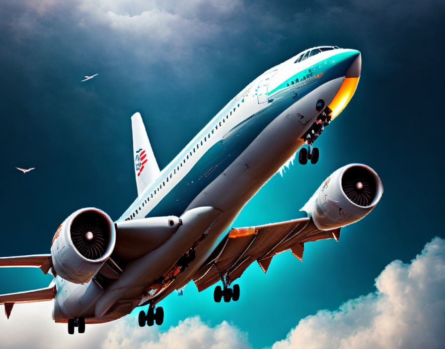 Commercial airplane ascending in warm sunlight with retracting landing gear