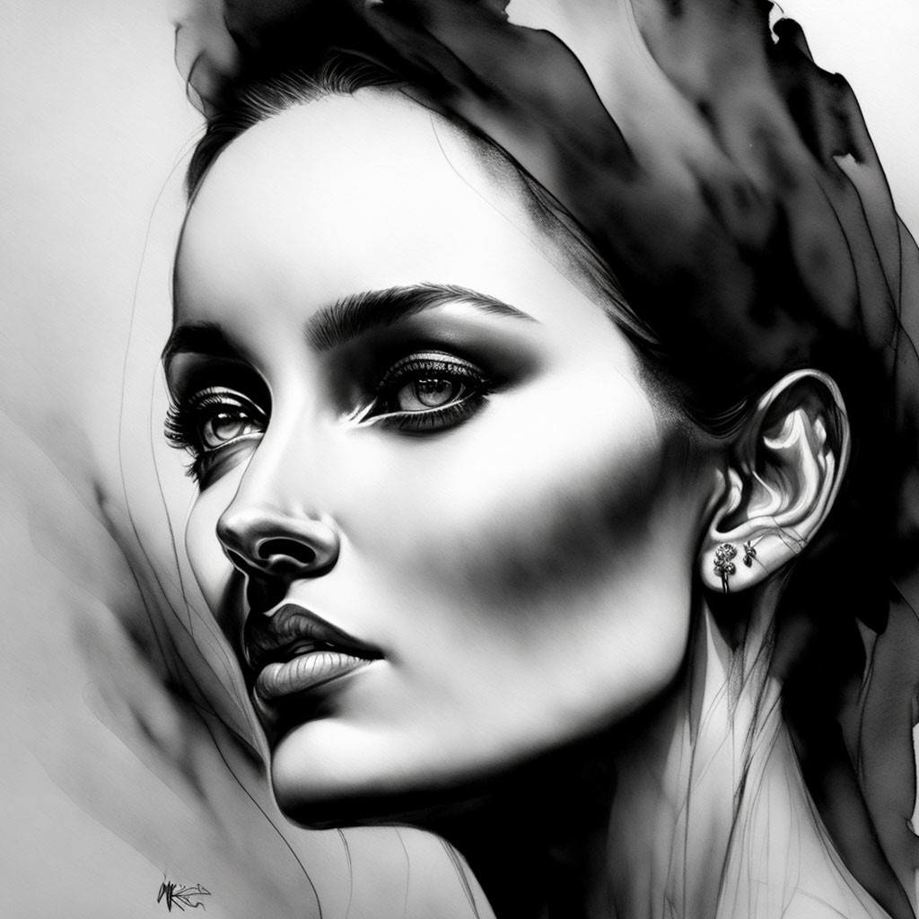 Detailed black and white illustration of woman with striking eyes and pronounced cheekbones.
