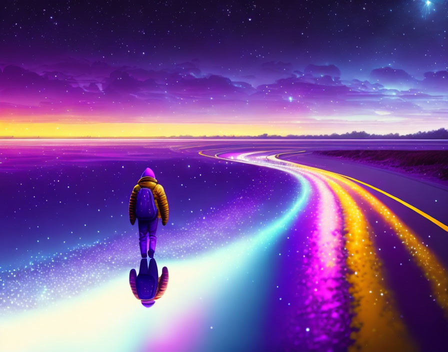 Person on hoverboard follows vibrant glowing road at sunset