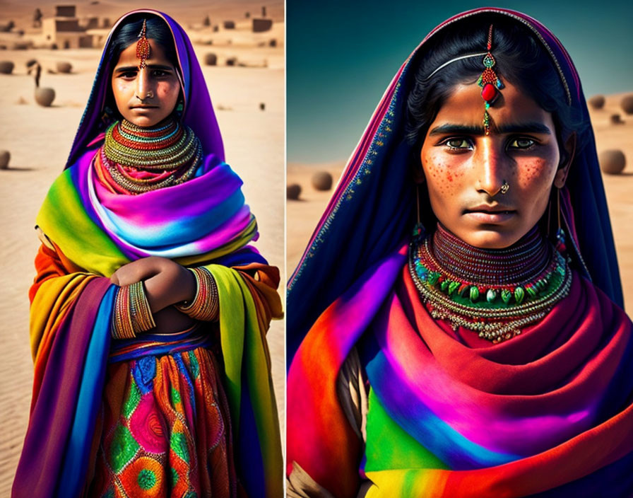 Traditional attire woman with jewelry in desert setting