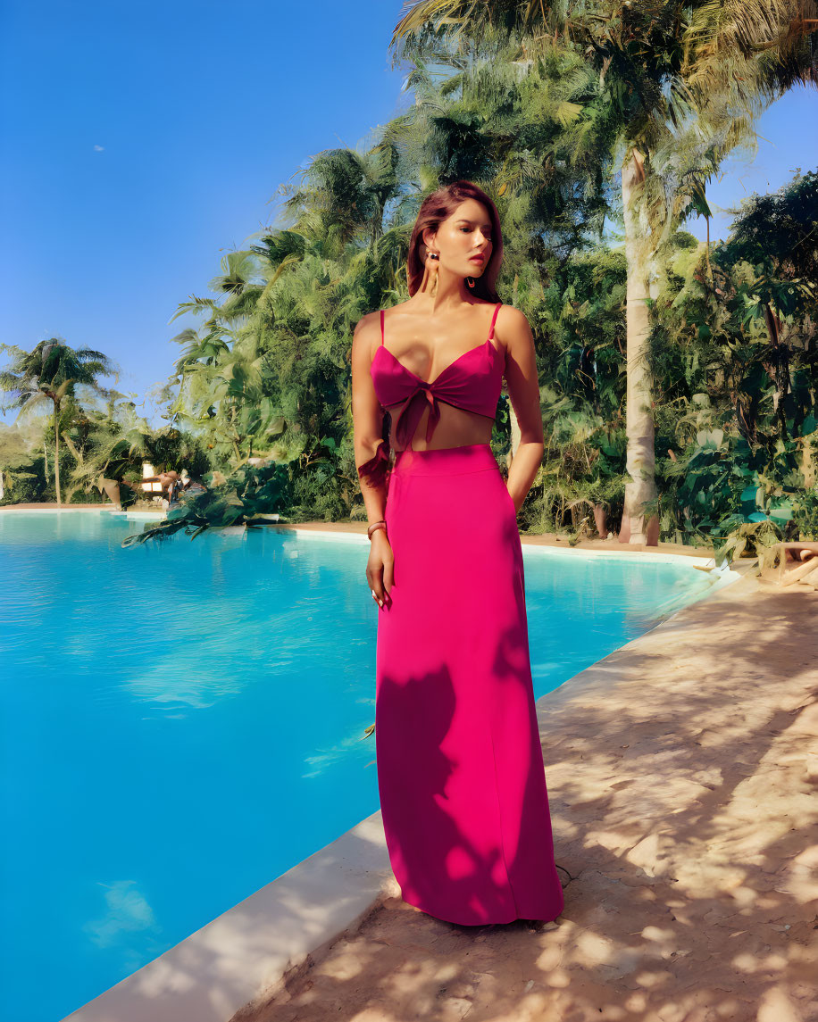 Woman in Stylish Cut-Out Dress by Serene Pool with Palm Trees