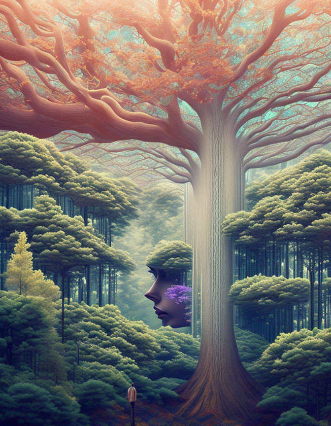 Surreal forest scene with large tree and woman's face emerging from trunk