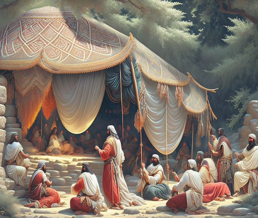 Ancient robes-clad figures in conversation in ornate forest tent