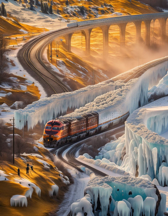 Vibrant orange train in wintry landscape with snowy viaduct