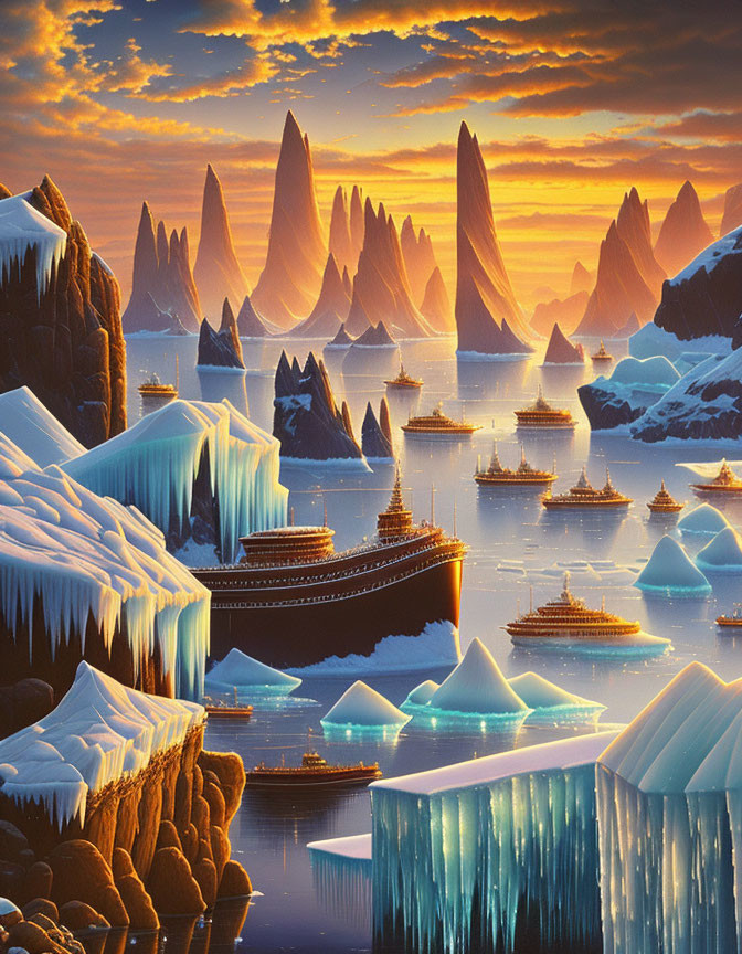 Ethereal landscape with golden light, towering ice formations, reflective water, ornate ships