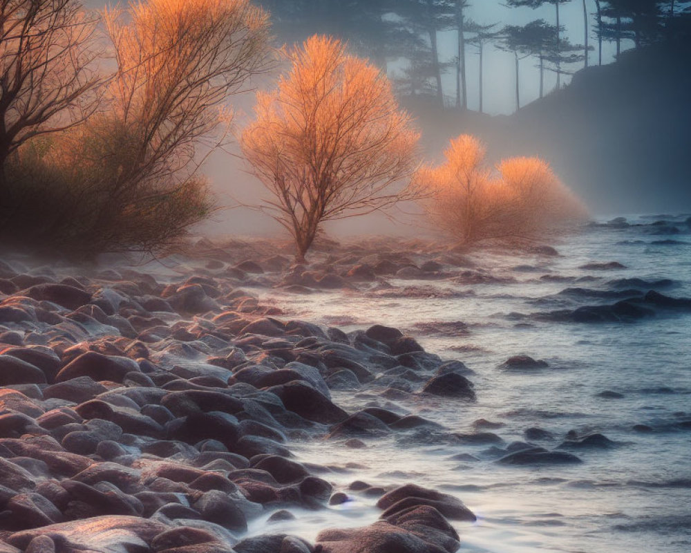 Sunrise scene: misty shoreline, glowing trees, waves over rocks