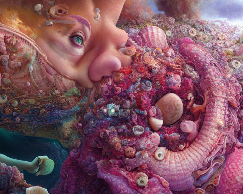 Surreal giant woman's face in vibrant marine landscape