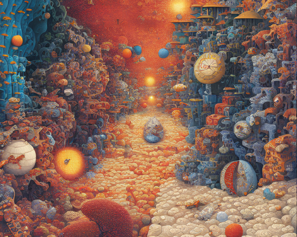 Vibrant surreal landscape with mechanical structures and floating orbs