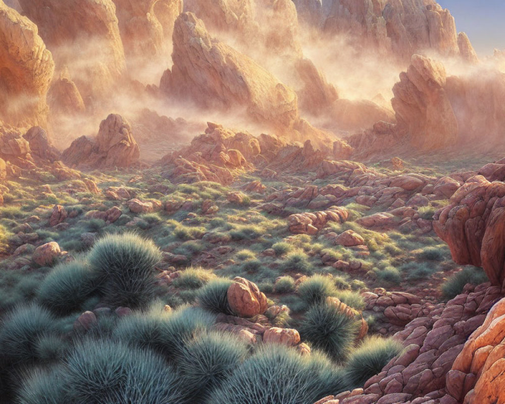 Rugged red rocks in serene desert landscape