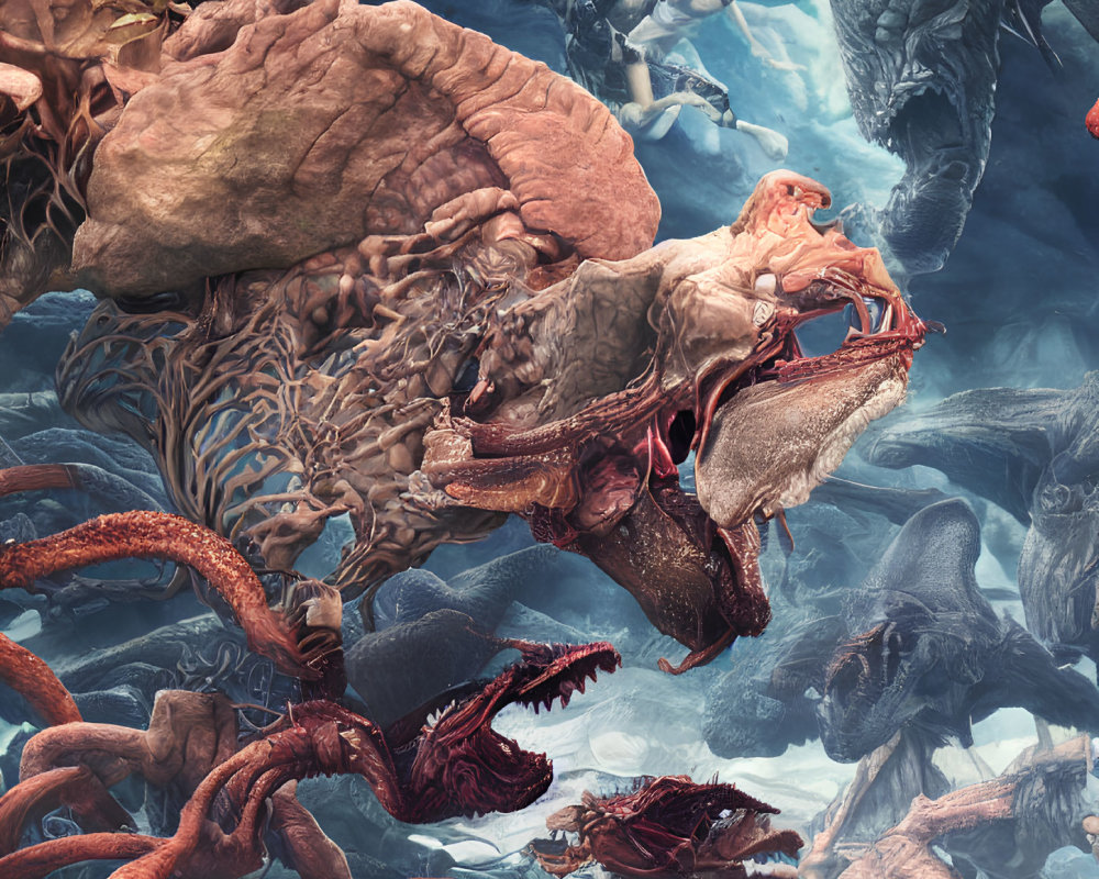 Surreal underwater scene with person on fantastical creature surrounded by aquatic beings