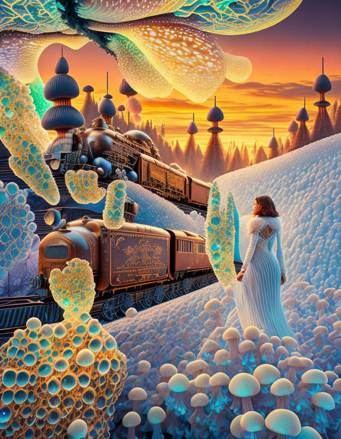 Woman in white dress in surreal landscape with vintage train and alien sky.