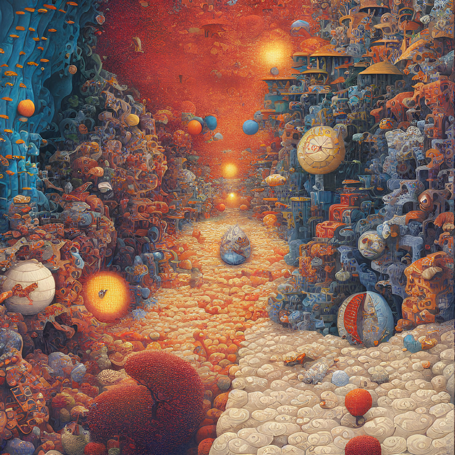 Vibrant surreal landscape with mechanical structures and floating orbs